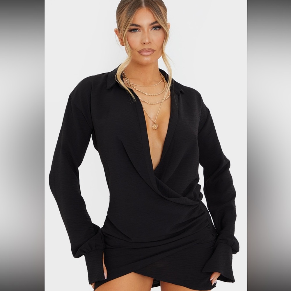 Black plunge shirt dress